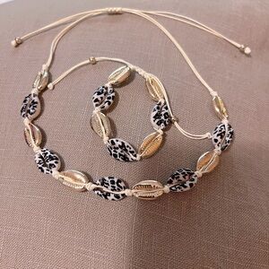 Cowrie Shell Gold Animal Print Bead Separator Necklace Bracelet Set Adjustable